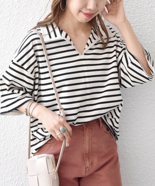 SHIPS any(シップス エニィ)の「SHIPS any:〈ウォッシャブル〉スキッパー カラー プルオーバー(Tシャツ/カットソー・レディース・オフホワイト/ブラック/その他・ONE SIZE)」の3枚目の写真