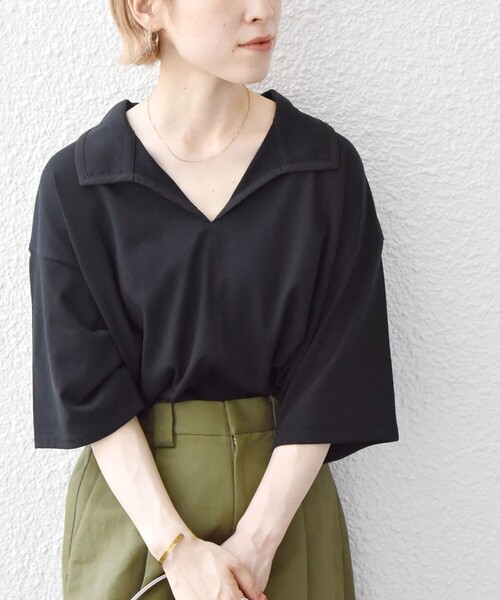 SHIPS any(シップス エニィ)の「SHIPS any:〈ウォッシャブル〉スキッパー カラー プルオーバー(Tシャツ/カットソー・レディース・オフホワイト/ブラック/その他・ONE SIZE)」の2枚目の写真
