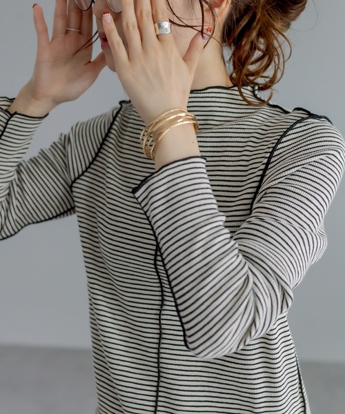 PUAL CE CIN（ピュアルセシン）の「プチハイネック　テレコ染め分けボーダーアソートロンT（Tシャツ/カットソー・レディース・ブラック/ベージュ/ピンク・FREE）」の6枚目の写真