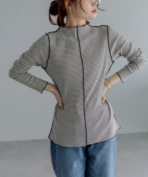 PUAL CE CIN（ピュアルセシン）の「プチハイネック　テレコ染め分けボーダーアソートロンT（Tシャツ/カットソー・レディース・ブラック/ベージュ/ピンク・FREE）」の19枚目の写真