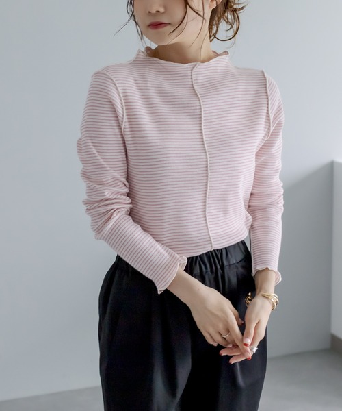 PUAL CE CIN（ピュアルセシン）の「プチハイネック　テレコ染め分けボーダーアソートロンT（Tシャツ/カットソー・レディース・ブラック/ベージュ/ピンク・FREE）」の10枚目の写真