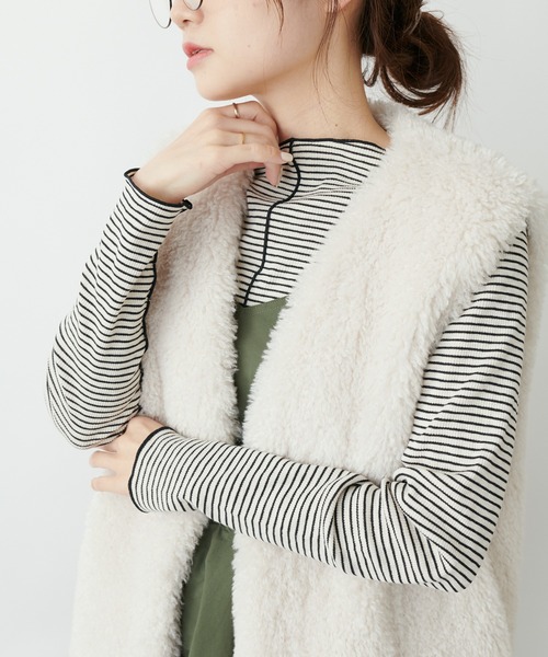 PUAL CE CIN（ピュアルセシン）の「プチハイネック　テレコ染め分けボーダーアソートロンT（Tシャツ/カットソー・レディース・ブラック/ベージュ/ピンク・FREE）」の22枚目の写真