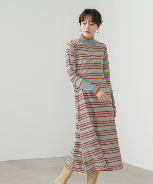 N.(N. Natural Beauty Basic)(エヌエヌナチュラルビューティーベーシック)の「【横田ひかるさん着用】◆ハーフジップボーダーリブワンピース(ワンピース・レディース・ブラウン系その他/ホワイト系その他/ライトグリーン系・MEDIUM)」の1枚目の写真