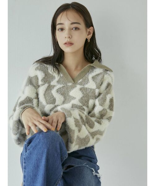 MURUA(ムルーア)の「ウェーブチェッカーフラッグニット(ニット/セーター・レディース・ブラック/グリーン/ベージュ・FREE)」の4枚目の写真