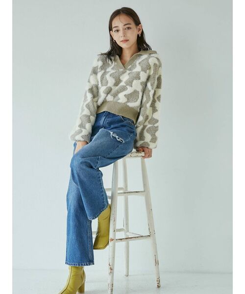 MURUA(ムルーア)の「ウェーブチェッカーフラッグニット(ニット/セーター・レディース・ブラック/グリーン/ベージュ・FREE)」の5枚目の写真