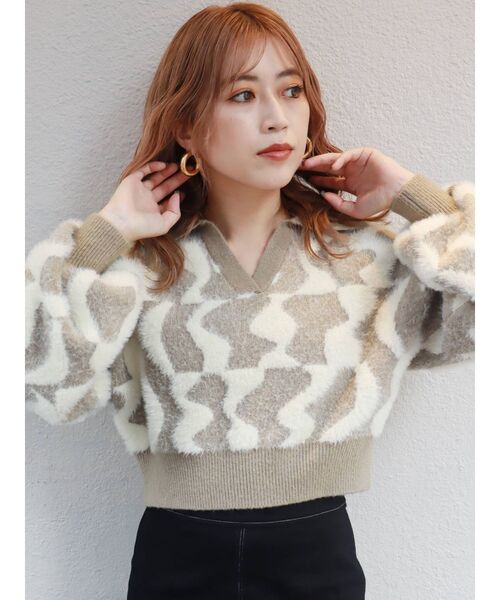 MURUA(ムルーア)の「ウェーブチェッカーフラッグニット(ニット/セーター・レディース・ブラック/グリーン/ベージュ・FREE)」の11枚目の写真
