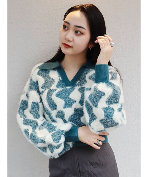 MURUA(ムルーア)の「ウェーブチェッカーフラッグニット(ニット/セーター・レディース・ブラック/グリーン/ベージュ・FREE)」の14枚目の写真