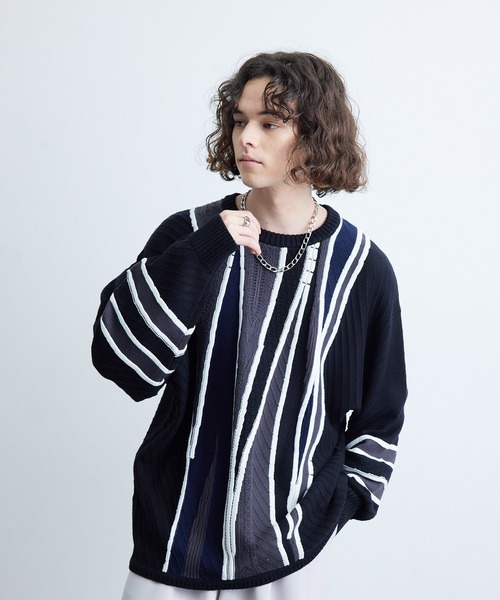 JUNRED（ジュンレッド）の「3Dビッグクルーニット（ニット/セーター・メンズ・ライトグレー/ダークブラウン/ブラック・S/M/L）」の2枚目の写真
