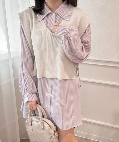 apres jour(アプレジュール)の「ニットベスト×シャツミニワンピ【ZOZOTOWN限定アイテム】(シャツワンピース・レディース・ネイビー/ラベンダー/ピンク/ピンクベージュ・フリー/X-LARGE)」の3枚目の写真