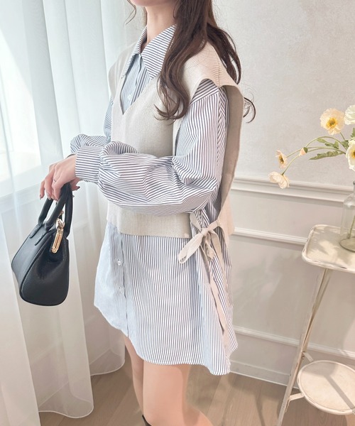 apres jour(アプレジュール)の「ニットベスト×シャツミニワンピ【ZOZOTOWN限定アイテム】(シャツワンピース・レディース・ネイビー/ラベンダー/ピンク/ピンクベージュ・フリー/X-LARGE)」の6枚目の写真