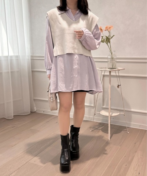 apres jour(アプレジュール)の「ニットベスト×シャツミニワンピ【ZOZOTOWN限定アイテム】(シャツワンピース・レディース・ネイビー/ラベンダー/ピンク/ピンクベージュ・フリー/X-LARGE)」の21枚目の写真