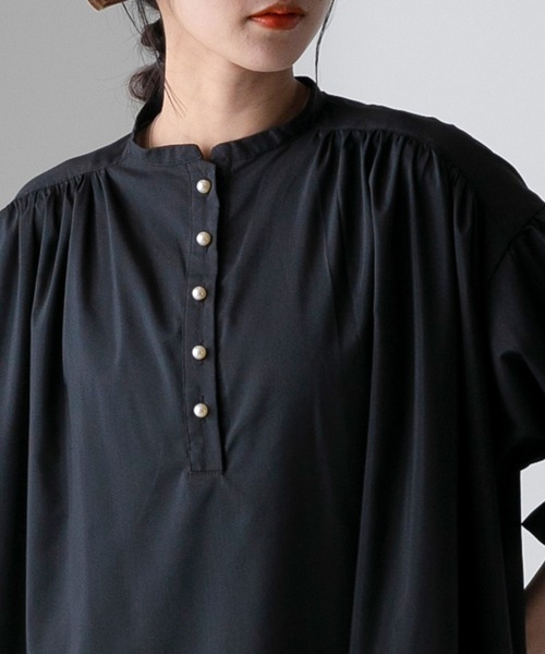 forksy.（フォルクシー）の「【forksy.】パールボタンバルーンスリーブ半袖ワンピース（シャツワンピース・レディース・ブルー/ブラック・FREE）」の10枚目の写真