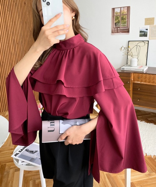 バーガンディ フレアスリーブ トップス シャツブラウス