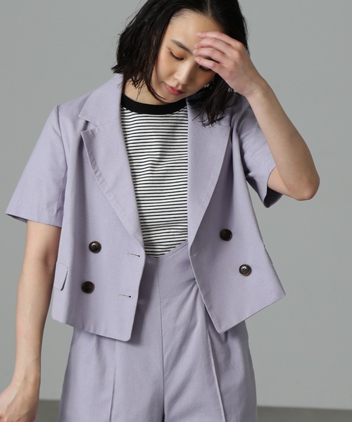 FREE'S MART（フリーズマート）の「【Sシリーズ対応】◆［セットアップ対応］綿麻ショート丈ハーフスリーブジャケット（テーラードジャケット・レディース・ベージュ/ブラウン/パープル・X-SMALL/SMALL/MEDIUM）」の5枚目の写真