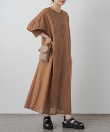 PUAL CE CIN | 綿麻ストライプ袖シャーリングワンピース(ワンピース)