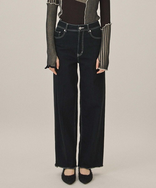 PUBLIC TOKYO(パブリックトウキョウ)の「【洗える・美脚・足長・ストレッチ】PUBLIC DENIM/ハイウエストワイドストレートデニムパンツ(デニムパンツ・レディース・ブラック/ホワイト・3/1/2/4)」の5枚目の写真