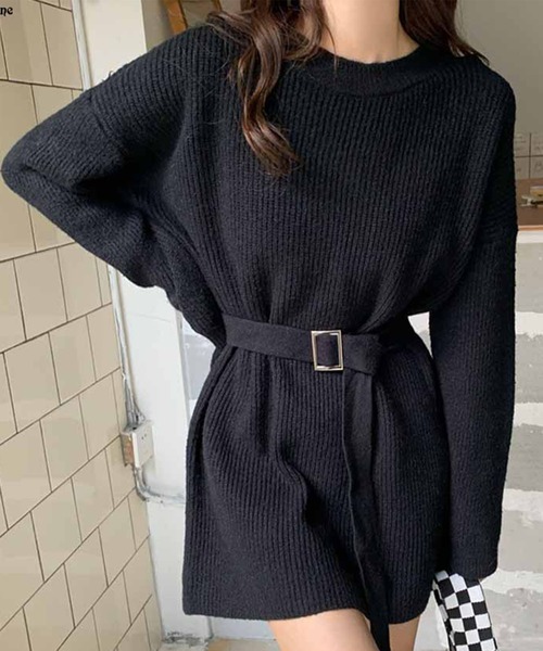 GLAMOROUS JANE（グラマラスジェーン）の「ベルト付リブニットミニワンピース（ワンピース・レディース・オフホワイト/ブラック・FREE）」の6枚目の写真
