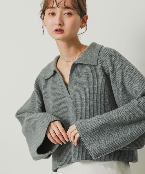 SENSE OF PLACE by URBAN RESEARCH（センスオブプレイスバイアーバンリサーチ）の「ワイドスリーブエリツキショートセーター（ニット/セーター・レディース・オレンジ/グレー/アイボリー・ONE）」の2枚目の写真