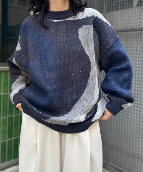 mi via loca（ミヴィアロカ）の「ダブルジャガード マーブル柄 ニット（ニット/セーター・レディース・ライトグレー/ブラウン/チャコールグレー・FREE）」の16枚目の写真