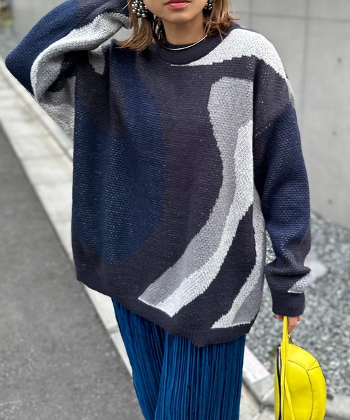 mi via loca（ミヴィアロカ）の「ダブルジャガード マーブル柄 ニット（ニット/セーター・レディース・ライトグレー/ブラウン/チャコールグレー・FREE）」の19枚目の写真