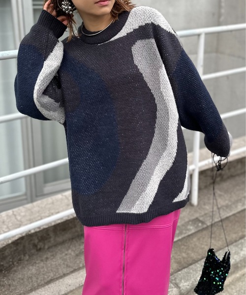 mi via loca（ミヴィアロカ）の「ダブルジャガード マーブル柄 ニット（ニット/セーター・レディース・ライトグレー/ブラウン/チャコールグレー・FREE）」の6枚目の写真