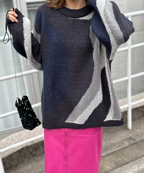 mi via loca（ミヴィアロカ）の「ダブルジャガード マーブル柄 ニット（ニット/セーター・レディース・ライトグレー/ブラウン/チャコールグレー・FREE）」の7枚目の写真