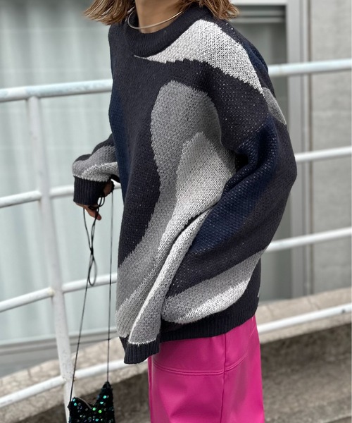 mi via loca（ミヴィアロカ）の「ダブルジャガード マーブル柄 ニット（ニット/セーター・レディース・ライトグレー/ブラウン/チャコールグレー・FREE）」の10枚目の写真