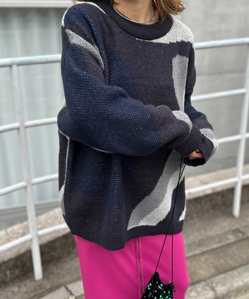 mi via loca（ミヴィアロカ）の「ダブルジャガード マーブル柄 ニット（ニット/セーター・レディース・ライトグレー/ブラウン/チャコールグレー・FREE）」の8枚目の写真