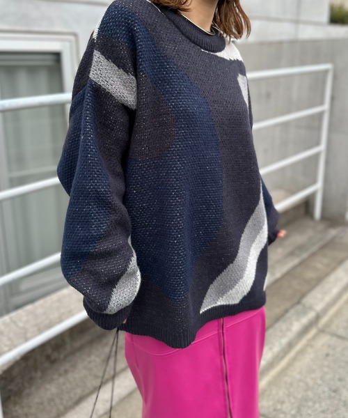 mi via loca（ミヴィアロカ）の「ダブルジャガード マーブル柄 ニット（ニット/セーター・レディース・ライトグレー/ブラウン/チャコールグレー・FREE）」の11枚目の写真