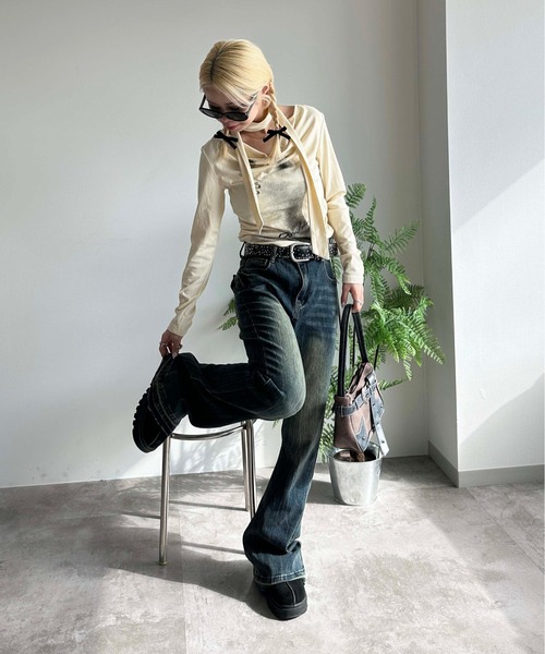 sedacle girl(セダクルガール)の「オーバーダイベルボトムデニム(デニムパンツ・レディース・ブルー/インディゴブルー/グレー/ブラック・SMALL/MEDIUM)」の9枚目の写真