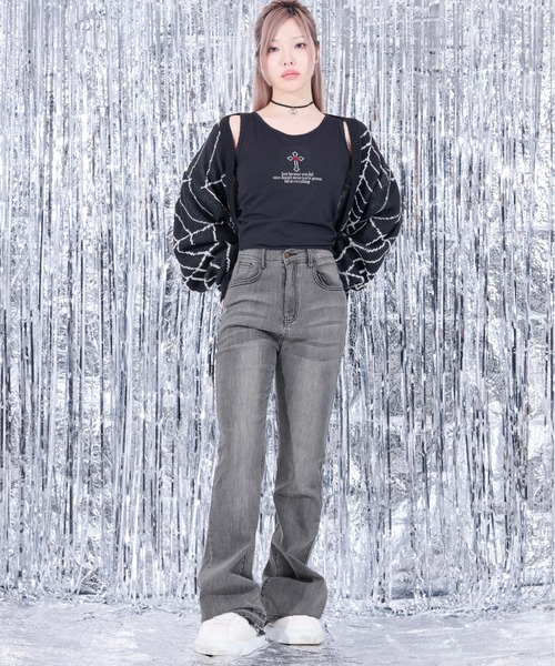 デニムパンツ ベルボトム 2色 XS-XLsize ジーパン 24zm828 オーバーダイベルボトムデニム（デニムパンツ）｜sedacle girl