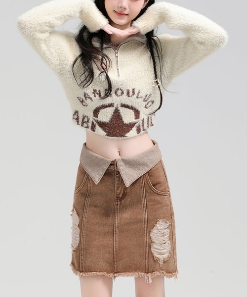 HOOK（フック）の「【HOOK】for girls 　アメカジ星模様モヘアハーフジップニット　ショット丈（ニット/セーター・レディース・ライトベージュ/パープル・S/M/L）」の7枚目の写真