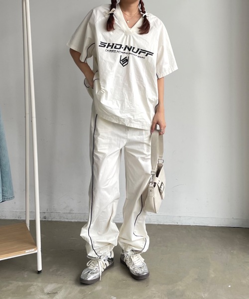 SHAGGIE（シャギー）の「オーバーサッカーユニフォームロゴナイロンTシャツ（Tシャツ/カットソー・レディース・チャコールグレー/ホワイト/グレー・FREE）」の22枚目の写真