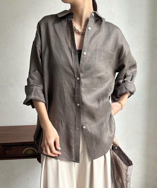 DouDou（ドゥドゥ）の「フレンチリネンシャツ（シャツ/ブラウス・レディース・アイボリー/ピンク/チャコールグレー・FREE）」の3枚目の写真