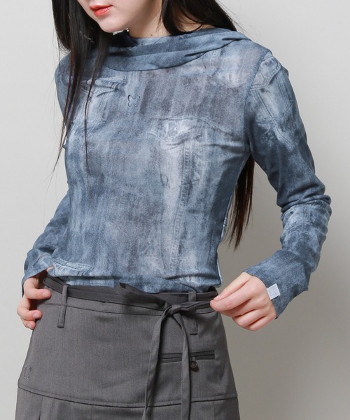 FANCY CLUB（ファンシークラブ）の「NASTY FANCY CLUB／デニムプリント シースルーフーディー 2116649（Tシャツ/カットソー・レディース・ブラック/ブルー・FREE）」の2枚目の写真