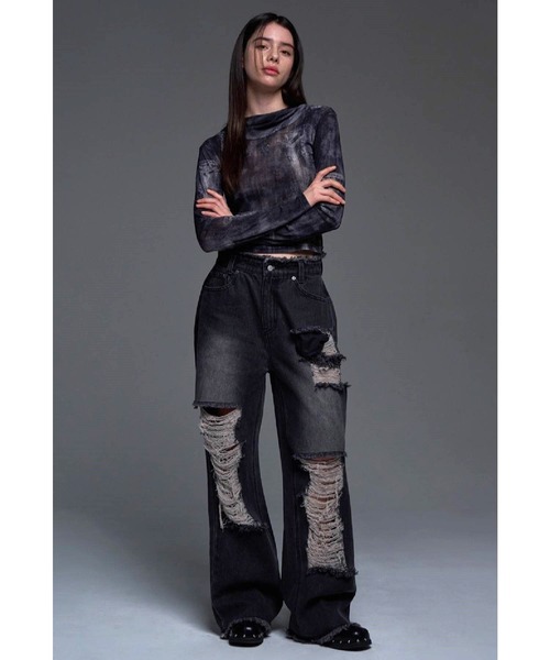 FANCY CLUB（ファンシークラブ）の「NASTY FANCY CLUB／デニムプリント シースルーフーディー 2116649（Tシャツ/カットソー・レディース・ブラック/ブルー・FREE）」の3枚目の写真