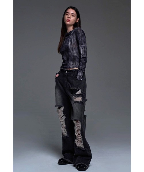 FANCY CLUB（ファンシークラブ）の「NASTY FANCY CLUB／デニムプリント シースルーフーディー 2116649（Tシャツ/カットソー・レディース・ブラック/ブルー・FREE）」の4枚目の写真