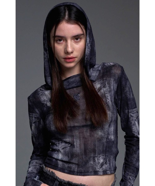 FANCY CLUB（ファンシークラブ）の「NASTY FANCY CLUB／デニムプリント シースルーフーディー 2116649（Tシャツ/カットソー・レディース・ブラック/ブルー・FREE）」の5枚目の写真