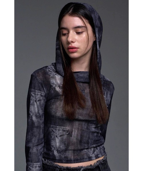 FANCY CLUB（ファンシークラブ）の「NASTY FANCY CLUB／デニムプリント シースルーフーディー 2116649（Tシャツ/カットソー・レディース・ブラック/ブルー・FREE）」の6枚目の写真