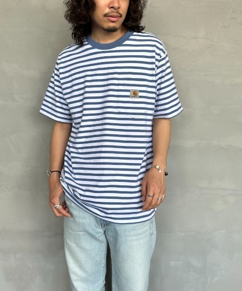 Carhartt WIP（カーハートダブリューアイピー）の「[carhartt WIP/カーハートダブリューアイピー] ワンポイントロゴ ボーダーポケットTシャツ（Tシャツ/カットソー・レディース・ブルー/ブラック・M/L）」の22枚目の写真