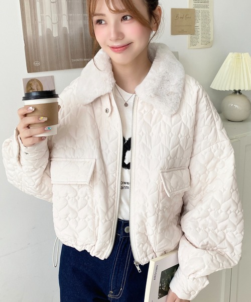 セール】えりファー付きハートキルトショート丈ジップブルゾン
