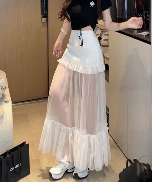 Teem Store（チームストア）の「シアードッキングボリュームレイヤード チュールスカート（スカート・レディース・ブラック/ホワイト・L/S/M）」の3枚目の写真