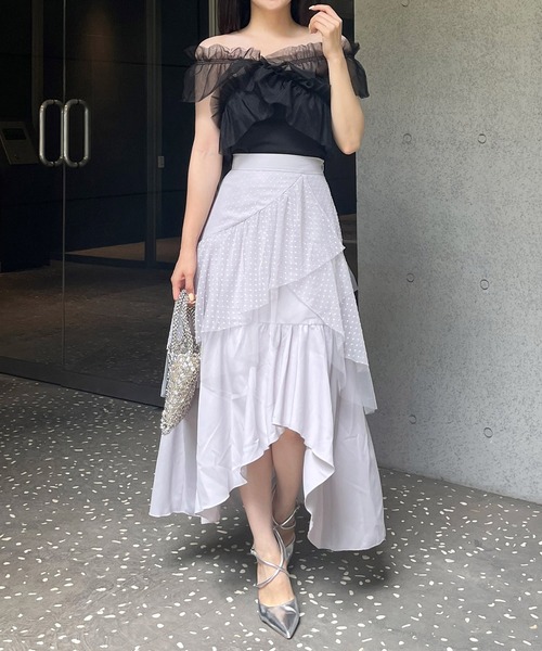 ROYAL PARTY(ロイヤルパーティー)の「ドットチュールラッフルイレヘムスカート(スカート・レディース・ライトグレー/ブラック/オフホワイト・FREE)」の9枚目の写真