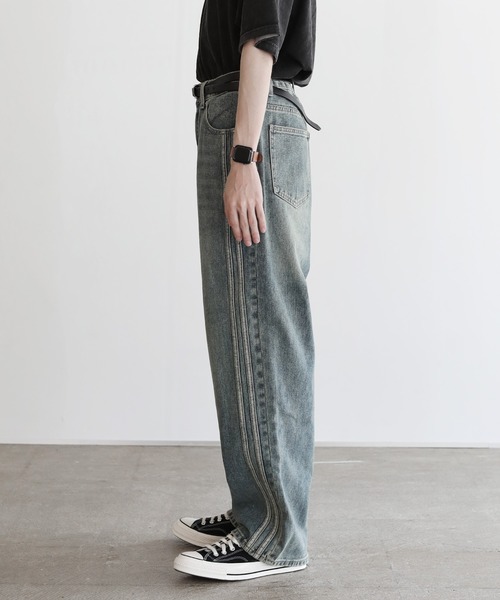 サイドシームヴィンテージ加工ストレートデニム（デニムパンツ