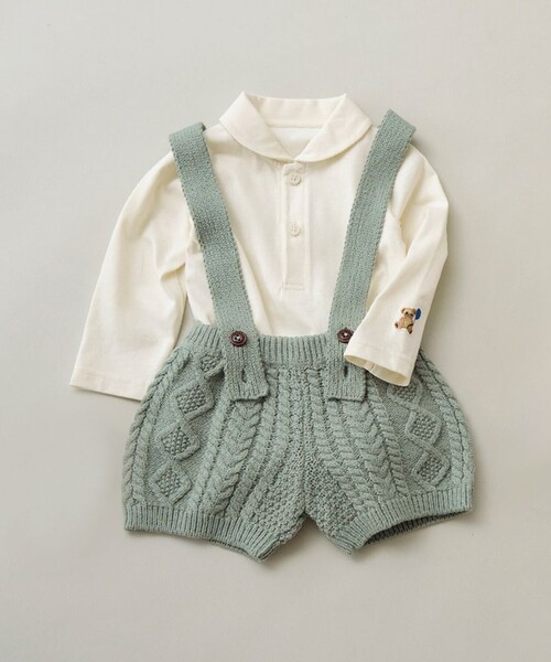 BRANSHES（ブランシェス）の「ニットサロペット＋ボディースーツセット（ロンパース・キッズ・ブラウン/ライトグリーン・80/70）」の2枚目の写真