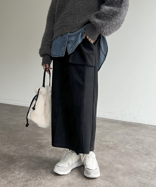 Chez toi（シェトワ）の「スエード×リブナロースカート（スカート・レディース・グレー/ブルー/ブラック/グレイッシュベージュ・FREE）」の8枚目の写真