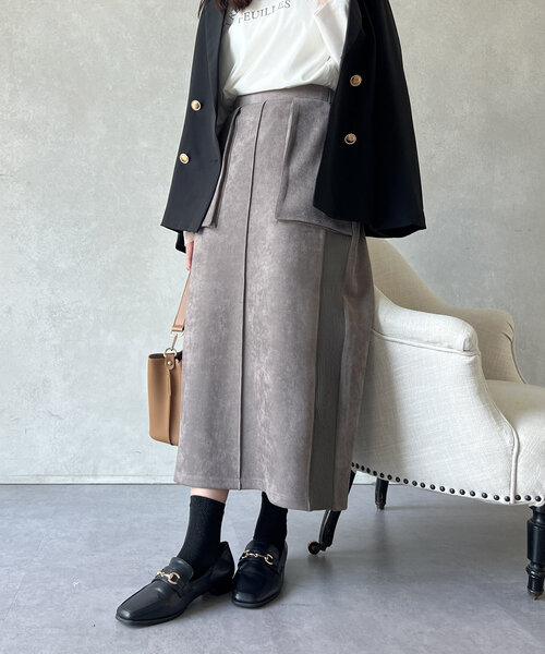 Chez toi（シェトワ）の「スエード×リブナロースカート（スカート・レディース・グレー/ブルー/ブラック/グレイッシュベージュ・FREE）」の18枚目の写真