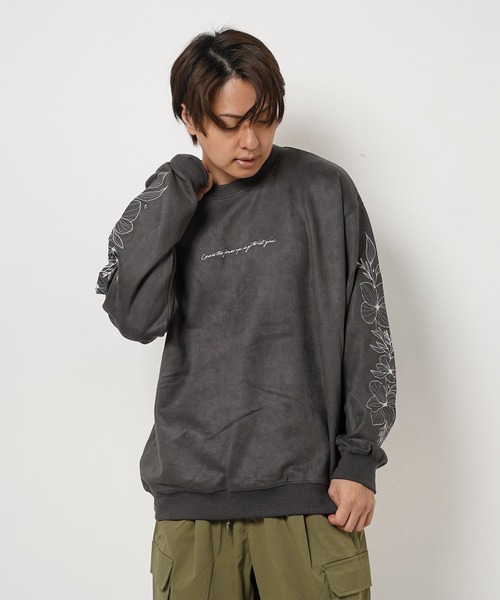 1111clothing（ワンフォークロージング）の「フラワー刺繍 カットスウェード トレーナー / Floral Embroidery Cut Suede Trainers（スウェット・メンズ・ブルー系/グレー系/チャコールグレー・M/L）」の4枚目の写真