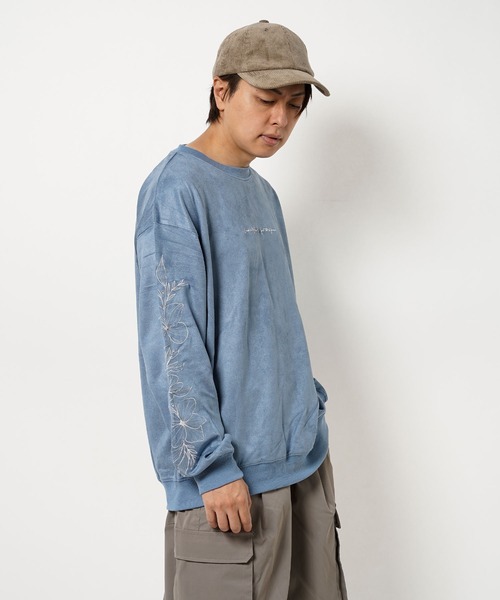 1111clothing（ワンフォークロージング）の「フラワー刺繍 カットスウェード トレーナー / Floral Embroidery Cut Suede Trainers（スウェット・メンズ・ブルー系/グレー系/チャコールグレー・M/L）」の17枚目の写真