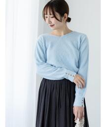 しい　　ラクーン　Vネックプルオーバー　サックスブルー チャイニーズラクーン Vネックニットプルオーバー